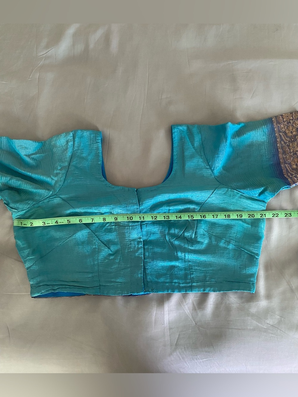 Crush Tissue Indian Saree Teal Blue Shimmer with Large Choli Blouse Vintage Sari - Picture 4 of 5
